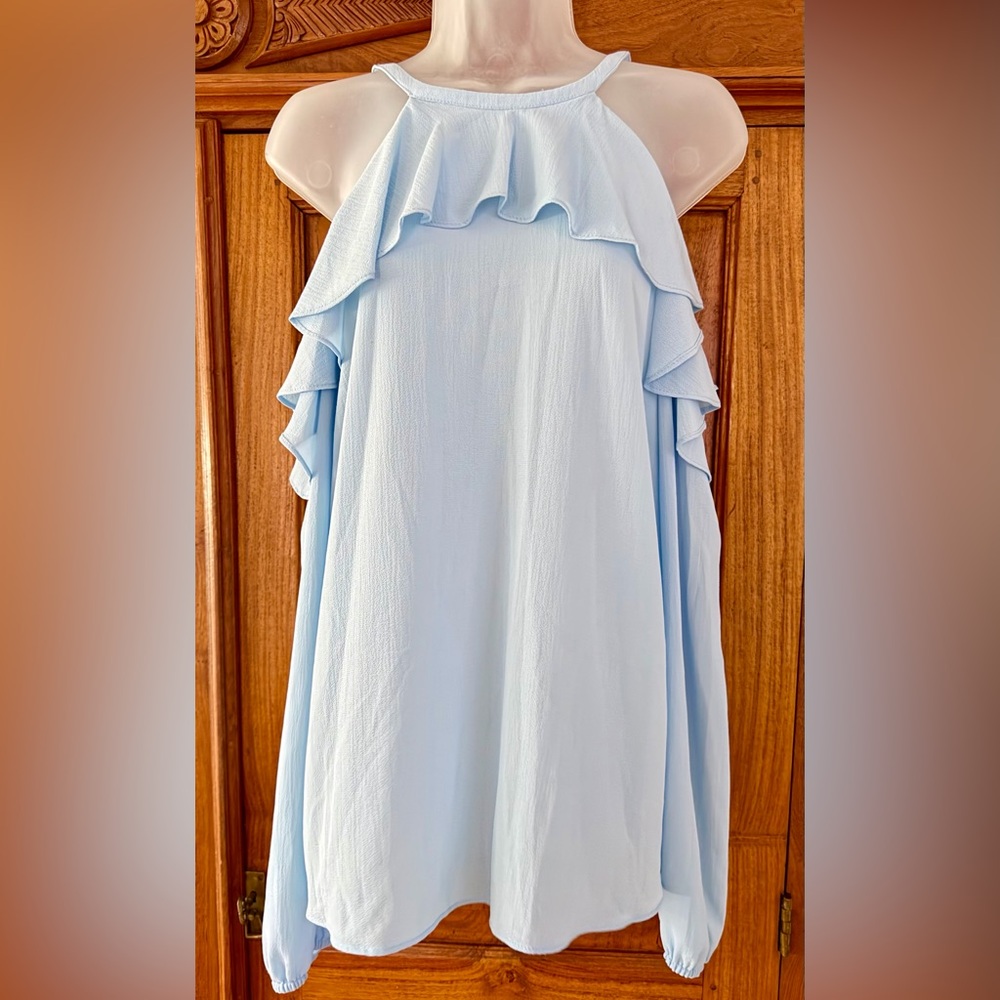 MICHAEL Michael Kors Light Blue shoulder cut out Ruffle Blouse